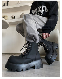 Boots Height Increasing Lace-up Motorcycle High-top Leather Boots - Conventional / 38 - Schuhe