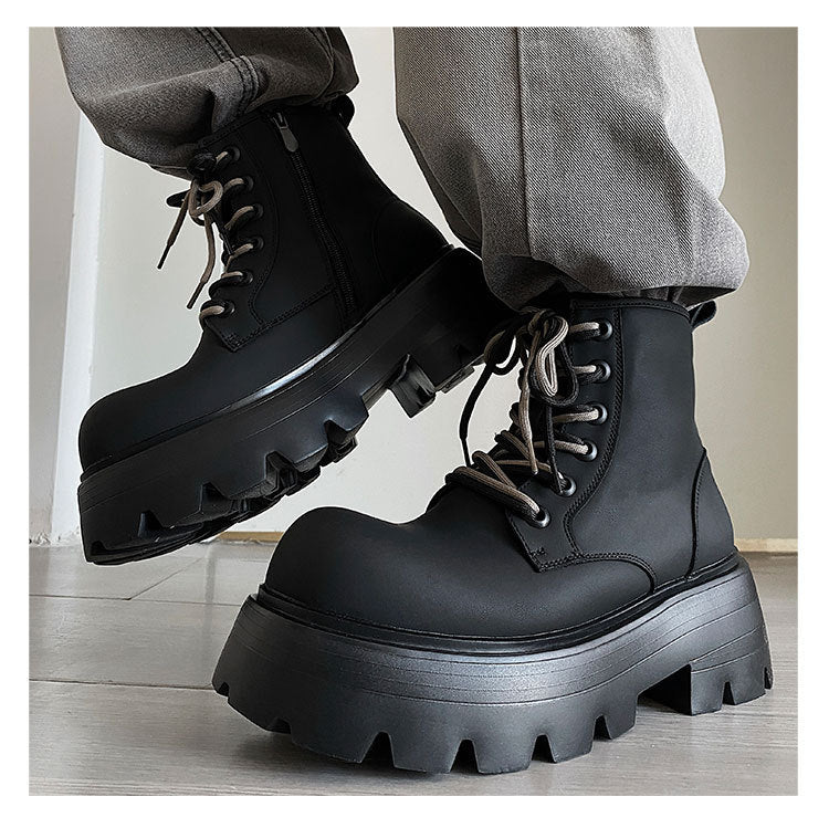 Boots Height Increasing Lace-up Motorcycle High-top Leather Boots - Fleece Lined / 38 - Schuhe