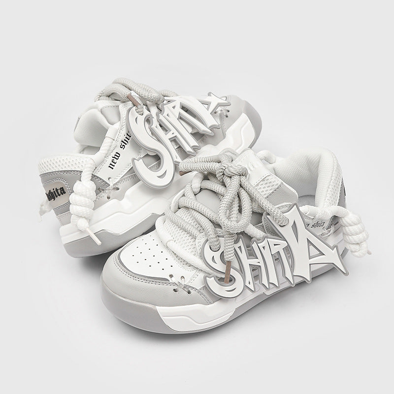 Denim Canvas Bread Shoes Platform Sneakers - White And Gray / 36 - Schuhe
