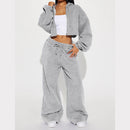 European And American Hooded Front Cardigan Zipper Sweater Wide Leg Loose Trousers Suit - Light Gray / L - Hoodie