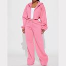 European And American Hooded Front Cardigan Zipper Sweater Wide Leg Loose Trousers Suit - Pink / L - Hoodie