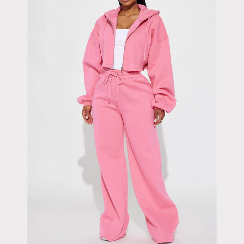European And American Hooded Front Cardigan Zipper Sweater Wide Leg Loose Trousers Suit - Pink / L - Hoodie