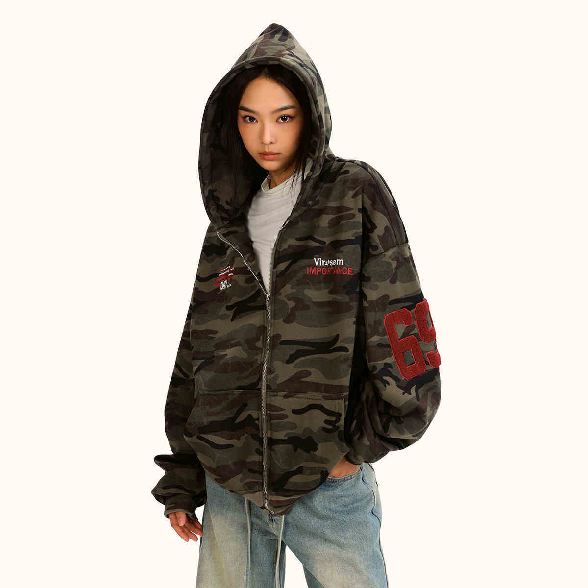 Fleece-lined Thickened Camouflage Cardigan Hoodie