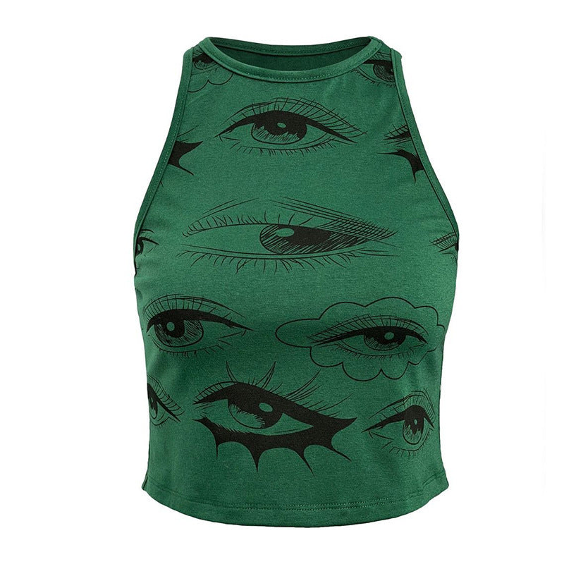 Fruit Green Eye Print Sleeveless Round Neck Vest