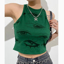 Fruit Green Eye Print Sleeveless Round Neck Vest - T-Shirts