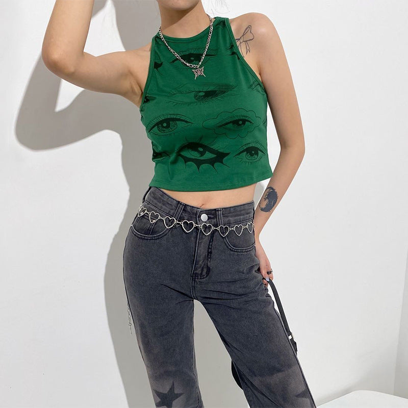Fruit Green Eye Print Sleeveless Round Neck Vest