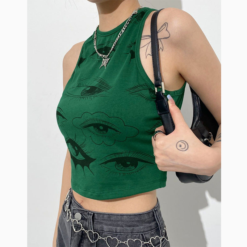 Fruit Green Eye Print Sleeveless Round Neck Vest - T-Shirts