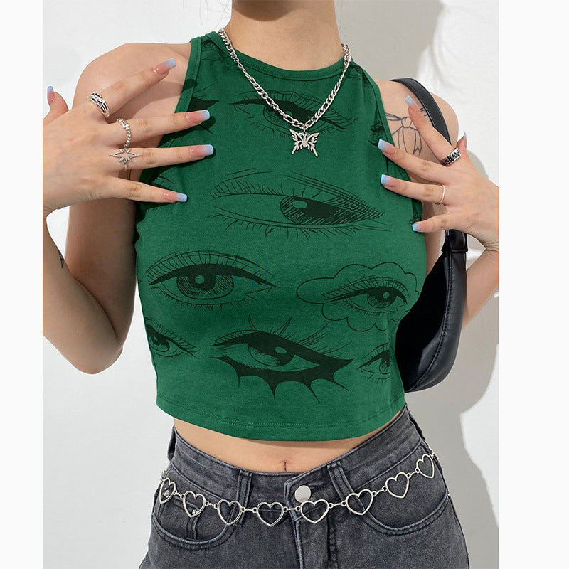 Fruit Green Eye Print Sleeveless Round Neck Vest - T-Shirts