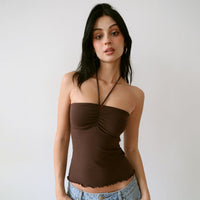 Lace-up Halterneck Pleated Backless Top - T-Shirts