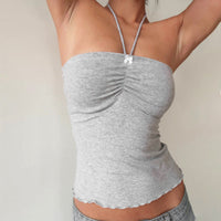 Lace-up Halterneck Pleated Backless Top - T-Shirts