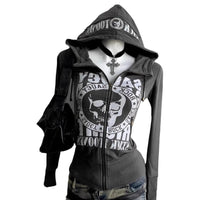 Long-sleeve Zipper Skull Letter Print Sweatshirt - Baggy