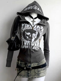 Long-sleeve Zipper Skull Letter Print Sweatshirt - Dark Gray / L - Baggy