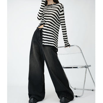 Loose Wide Leg Draping Mop Slimming High Waist Denim Trousers