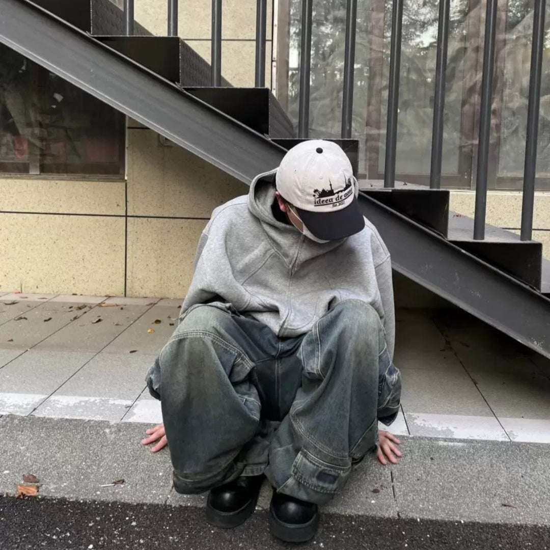 Men’s Loose American Deconstructed Hooded Turtleneck Cardigan Jacket - Baggy