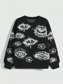 Personality Round Neck Wide Knitted Jacquard Sweater - Black / L - Baggy