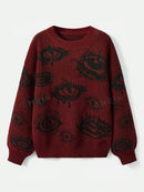 Personality Round Neck Wide Knitted Jacquard Sweater - Red / L - Baggy