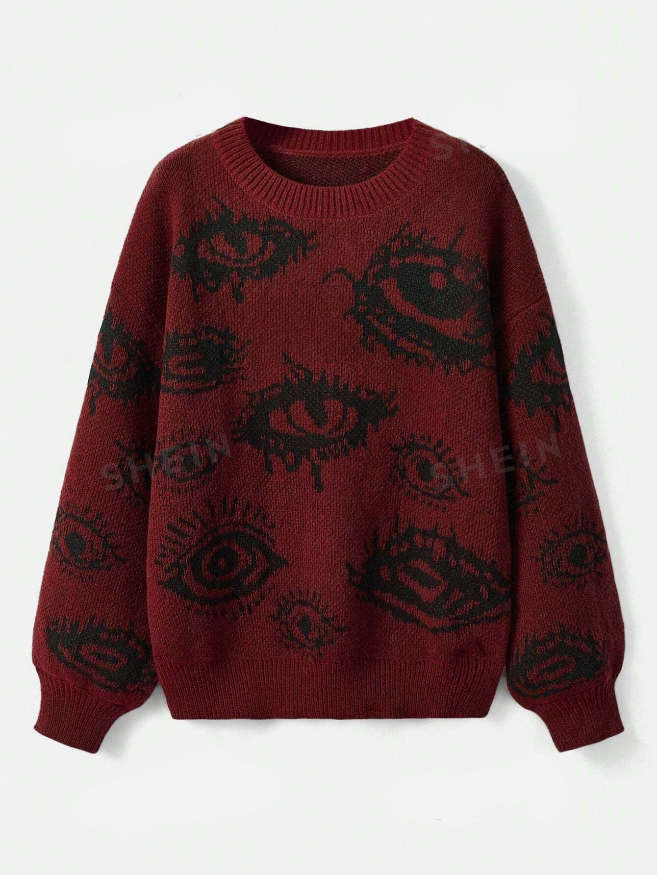 Personality Round Neck Wide Knitted Jacquard Sweater - Red / L - Baggy