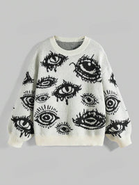 Personality Round Neck Wide Knitted Jacquard Sweater - White / L - Baggy