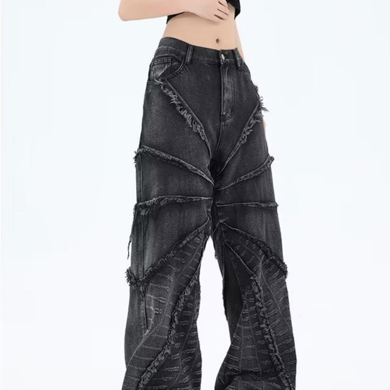 Stitching Damage Raw Hem Jeans Loose Wide Leg