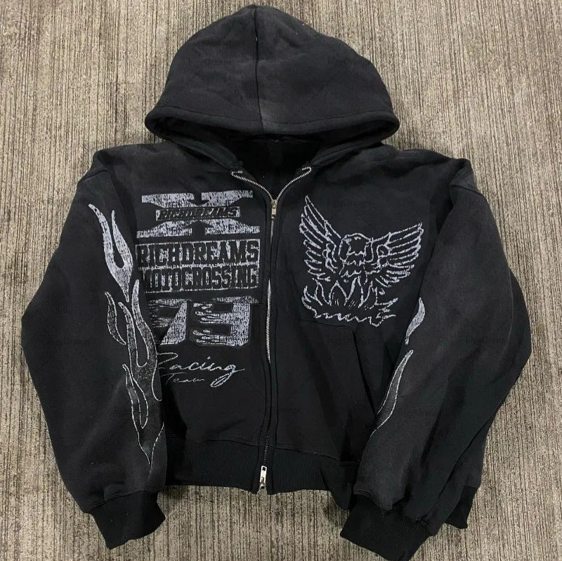 Street Hip-hop XINGX Printed Black Zipper Hooded Sweatshirt Women