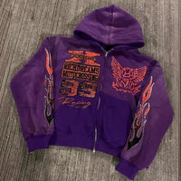 Street Hip-hop XINGX Printed Black Zipper Hooded Sweatshirt Women - Dark Purple / L - Baggy