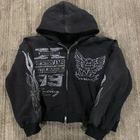 Street Hip-hop XINGX Printed Black Zipper Hooded Sweatshirt Women - Black / L - Baggy