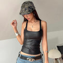 Street Style Leather Vest Elastic Coating Sleeveless Square Collar - T-Shirts