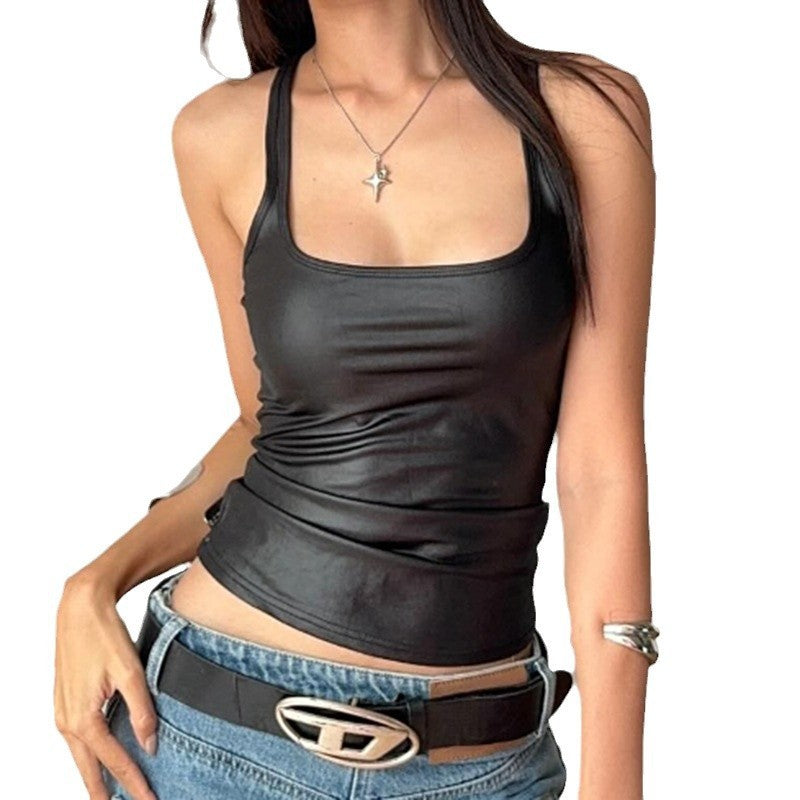 Street Style Leather Vest Elastic Coating Sleeveless Square Collar