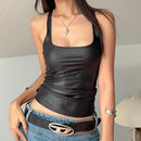 Street Style Leather Vest Elastic Coating Sleeveless Square Collar - T-Shirts