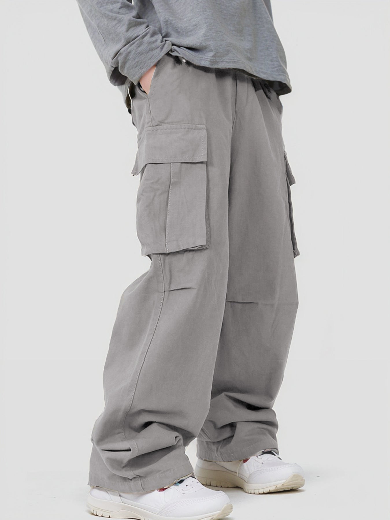 Three-dimensional Pocket Overalls Functional Lace-up Loose Casual Pants - Light Gray / L - Baggy