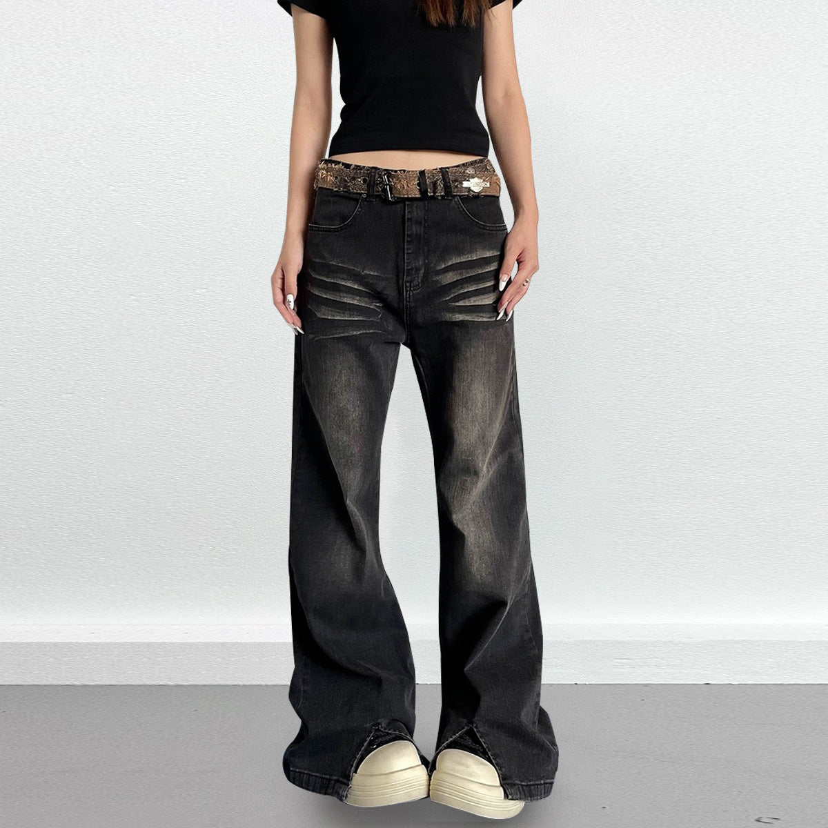 Washed Pleated Split Skinny Jeans