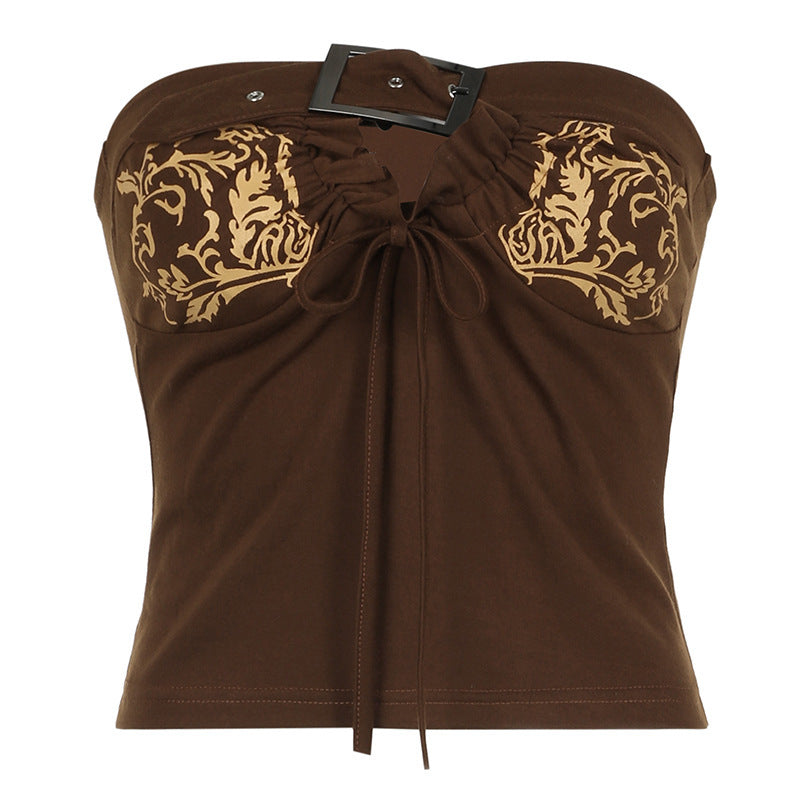 Women’s Vintage Printed Hollow-out Tube Top Vest - Brown / L - T-Shirts